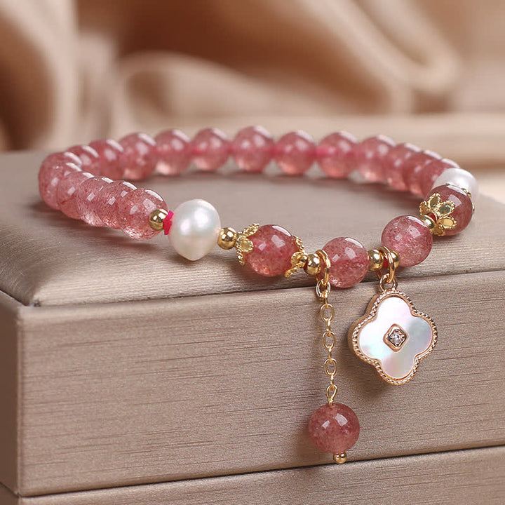 Buddha Stones Bracelet rond en perles de quartz fraise, nacre et coquillage, motif trèfle à quatre feuilles et perles d'amour - image 2