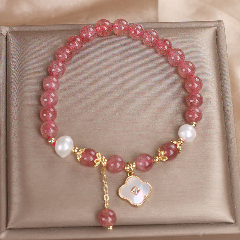 Buddha Stones Bracelet rond en perles de quartz fraise, nacre et coquillage, motif trèfle à quatre feuilles et perles d'amour - image 9
