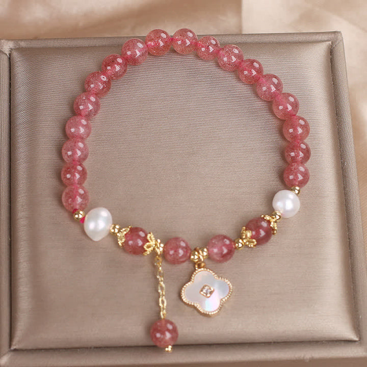 Buddha Stones Bracelet rond en perles de quartz fraise, nacre et coquillage, motif trèfle à quatre feuilles et perles d'amour - image 9