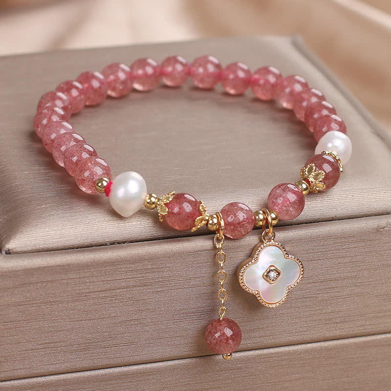 Buddha Stones Bracelet rond en perles de quartz fraise, nacre et coquillage, motif trèfle à quatre feuilles et perles d'amour - image 1