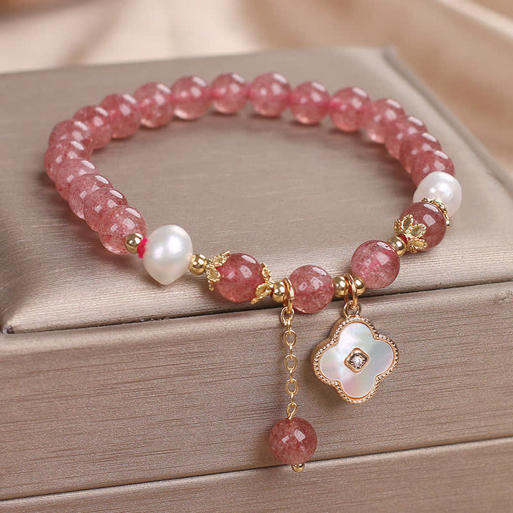 Buddha Stones Bracelet rond en perles de quartz fraise, nacre et coquillage, motif trèfle à quatre feuilles et perles d'amour - image 1