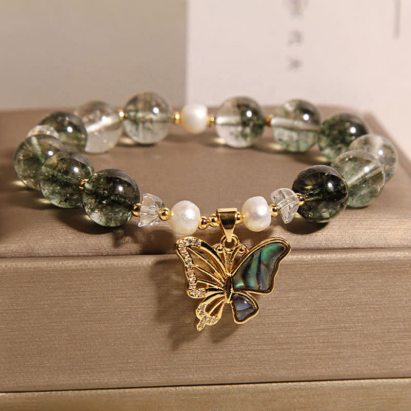 Buddha Stones Bracelet de perles Green Phantom Pearl Accent Butterfly Growth - image 2