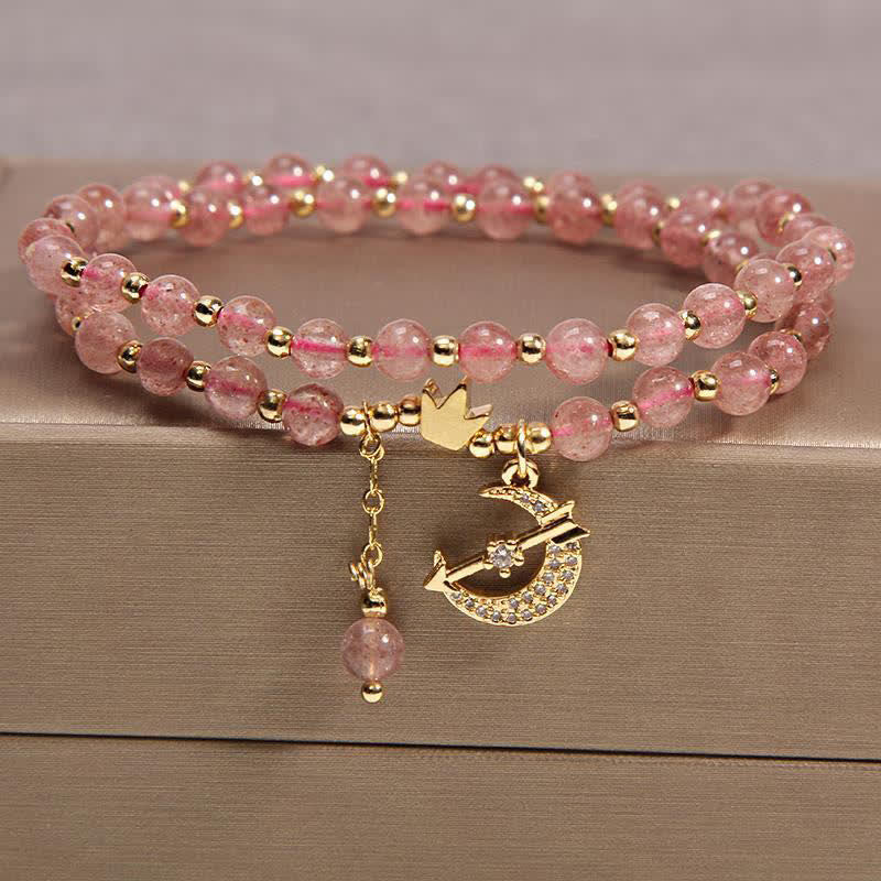 Buddha Stones Bracelet de perles double tour Lune et Couronne Purification - Quartz fraise (Amour ♥ Guérison) - image 1