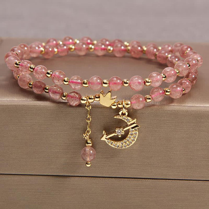 Buddha Stones Bracelet de perles double tour Lune et Couronne Purification - Quartz fraise (Amour ♥ Guérison) - image 1