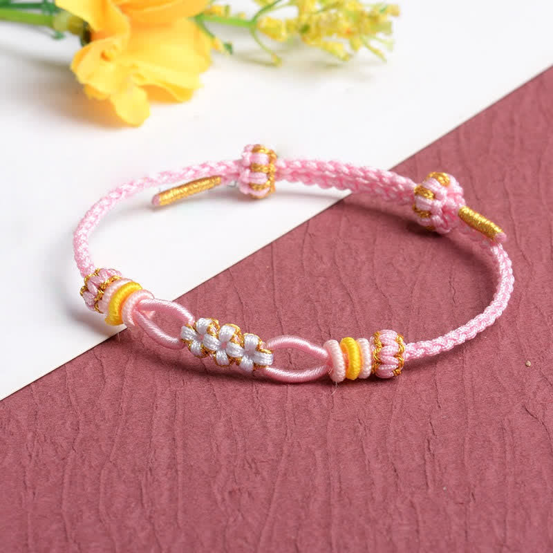 Buddha Stones Bracelet porte-bonheur fait main avec nœud de fleur de pêcher et cordon ajustable - Rose - Fil rouge (Protection ♥ Chance) - image 2