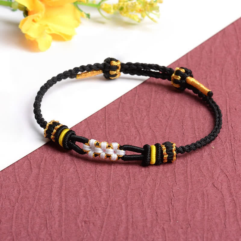 Buddha Stones Bracelet porte-bonheur fait main avec nœud de fleur de pêcher et cordon ajustable - Noir - Fil rouge (Protection ♥ Chance) - image 3