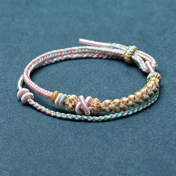 Buddha Stones Bracelet double couche en corde tressée à la main, motif fleur de pêcher et nœuds. - Rose - Aucun accessoire - image 12