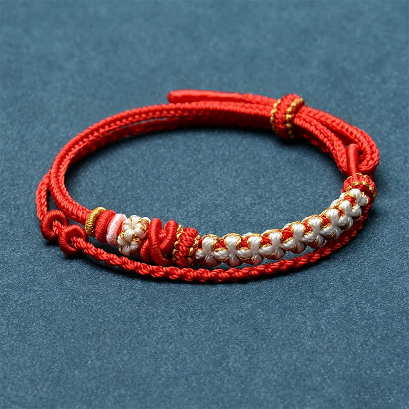 Buddha Stones Bracelet double couche en corde tressée à la main, motif fleur de pêcher et nœuds. - Rouge - Aucun accessoire - image 4