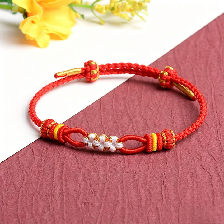 Buddha Stones Bracelet porte-bonheur fait main avec nœud de fleur de pêcher et cordon ajustable - Rouge - Fil rouge (Protection ♥ Chance) - image 0