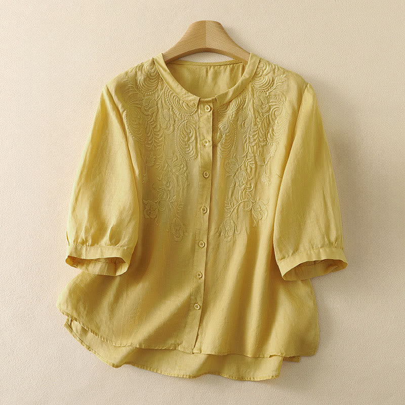 Buddha Stones Chemises d'été vintage à broderie florale pour femmes, manches trois-quarts - Kaki - US8-10，UK/AU12-14，EU40-42 (2XL) - image 0