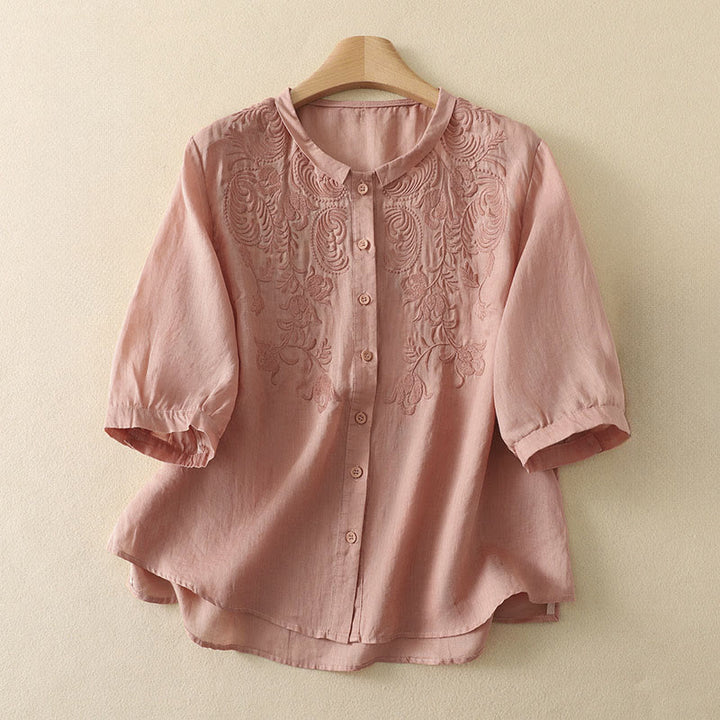 Buddha Stones Chemises d'été vintage à broderie florale pour femmes, manches trois-quarts - Rose clair - US8-10，UK/AU12-14，EU40-42 (2XL) - image 5
