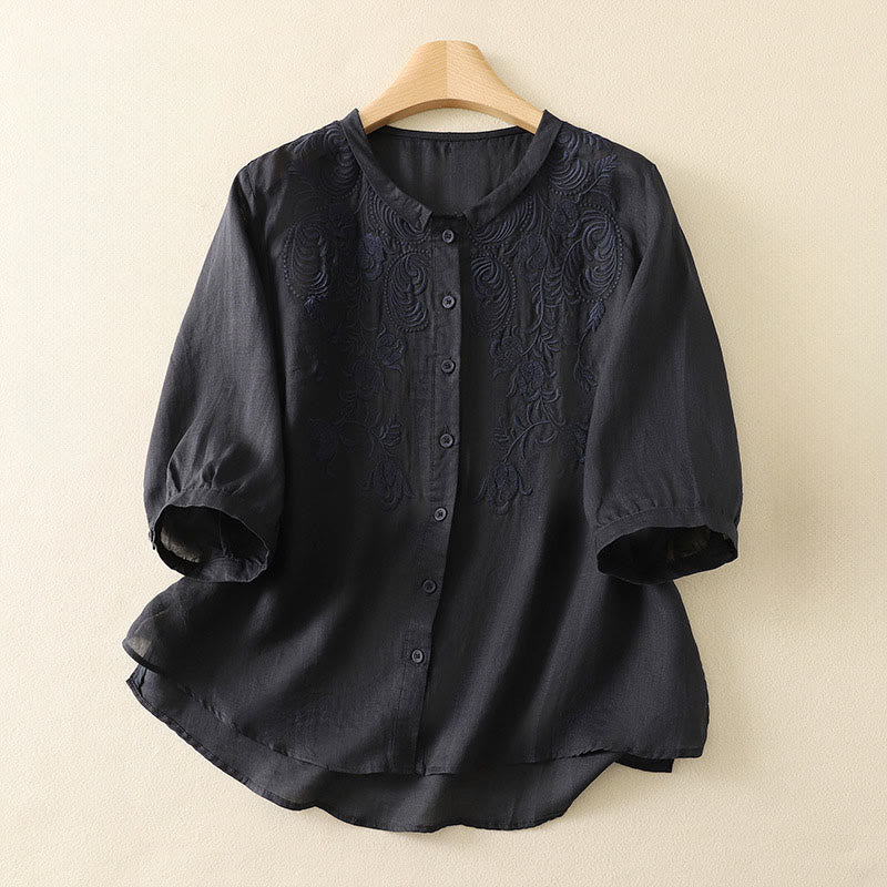 Buddha Stones Chemises d'été vintage à broderie florale pour femmes, manches trois-quarts - Bleu nuit - US8-10，UK/AU12-14，EU40-42 (2XL) - image 16