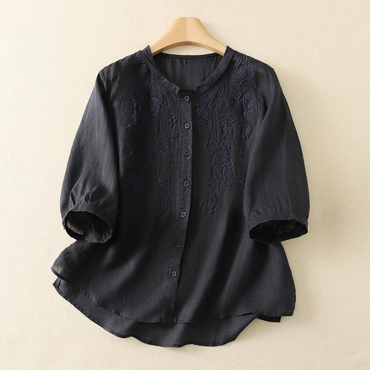 Buddha Stones Chemises d'été vintage à broderie florale pour femmes, manches trois-quarts - Bleu nuit - US8-10，UK/AU12-14，EU40-42 (2XL) - image 16