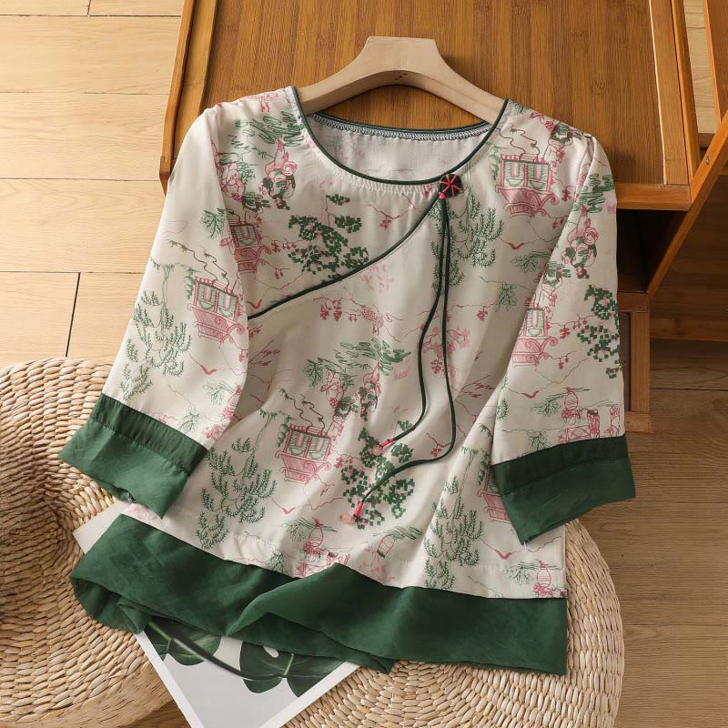 Buddha Stones Chemises à manches 3/4 pour femmes, style Tang, à boutons grenouille et imprimé floral, style pavillon d'été - Blanc - US8-10，UK/AU12-14，EU40-42 (2XL) - image 0