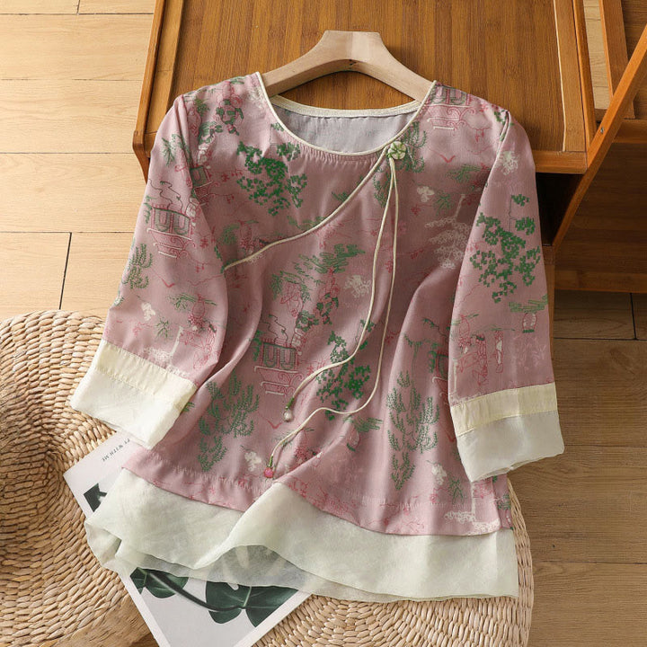 Buddha Stones Chemises à manches 3/4 pour femmes, style Tang, à boutons grenouille et imprimé floral, style pavillon d'été - Rose clair - US8-10，UK/AU12-14，EU40-42 (2XL) - image 4