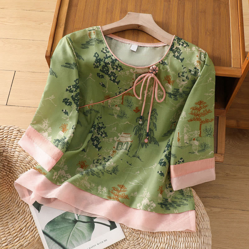 Buddha Stones Chemises à manches 3/4 pour femmes, style Tang, à boutons grenouille et imprimé floral, style pavillon d'été - Vert pâle - US8-10，UK/AU12-14，EU40-42 (2XL) - image 12