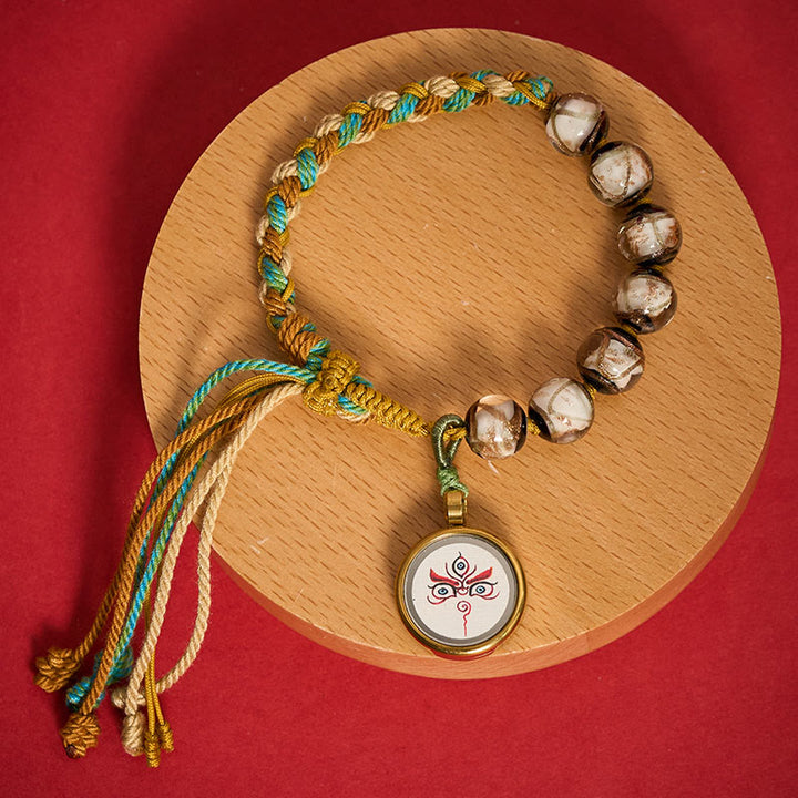 Buddha Stones Bracelet en perles de verre Liuli tibétain, orné des cinq directions, des dieux de la richesse et de la bénédiction du Bouddha. - Jambhala blanche (tour de poignet 15-24 cm) - image 19