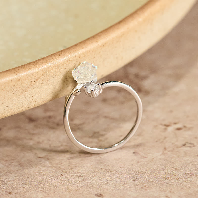 Buddha Stones Bague de protection ajustable en argent sterling 999 avec fleur en zircon - image 1