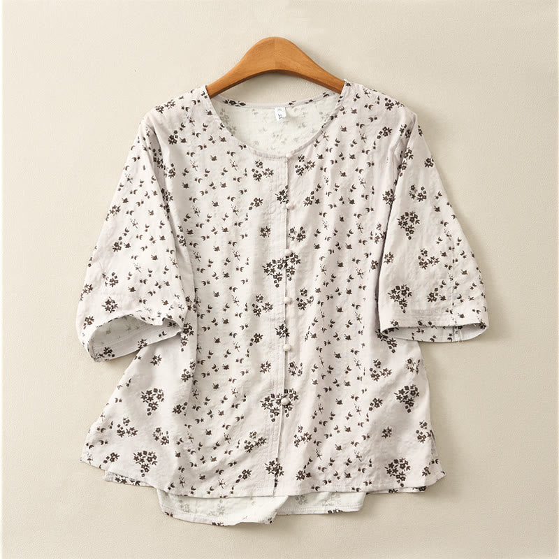 Buddha Stones Chemise à boutons pour femme, manches trois-quarts, imprimé floral décontracté - Gris clair - US12，UK/AU16，EU44 (3XL) - image 15
