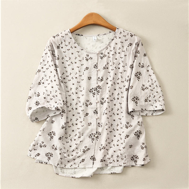 Buddha Stones Chemise à boutons pour femme, manches trois-quarts, imprimé floral décontracté - Gris clair - US12，UK/AU16，EU44 (3XL) - image 15
