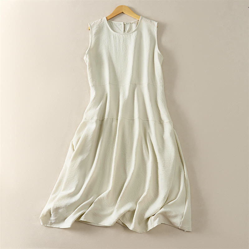 Buddha Stones Robe midi d'été en coton, taille haute, sans manches, avec poches - Lin - US12，UK/AU16，EU44 (2XL) - image 3