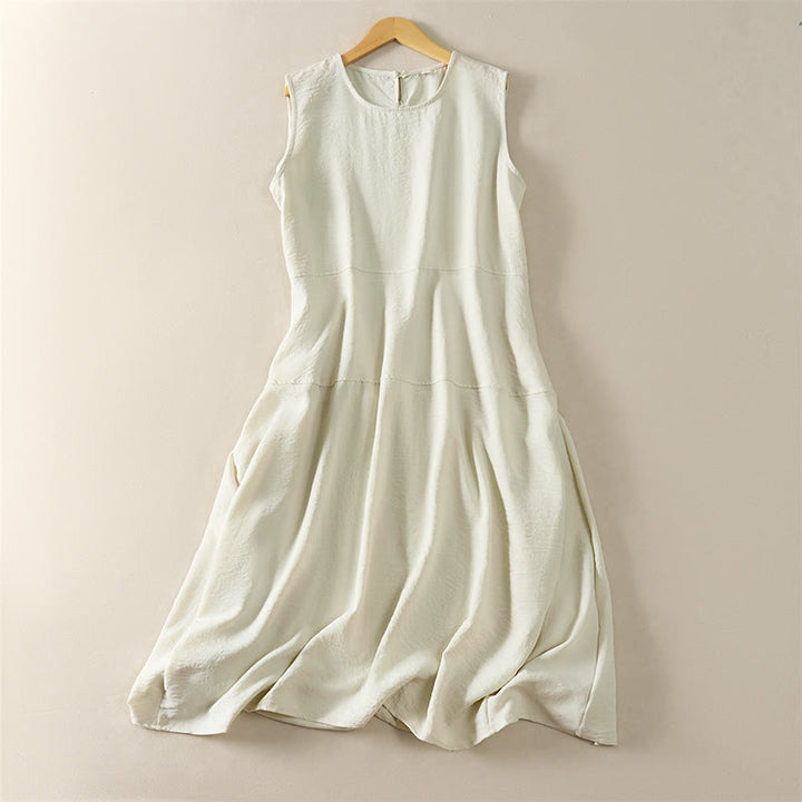 Buddha Stones Robe midi d'été en coton, taille haute, sans manches, avec poches - Lin - US12，UK/AU16，EU44 (2XL) - image 3