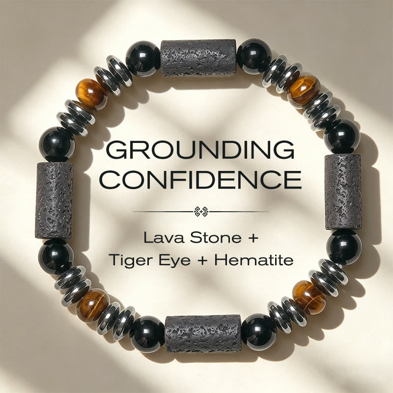 Buddha Stones Bracelet puissant en œil de tigre naturel, obsidienne, hématite et roche de lave. - 15-17 cm - image 0