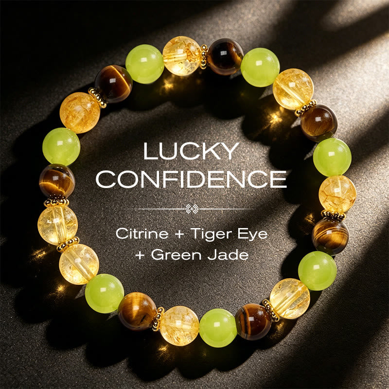 Buddha Stones Bracelet de prospérité en jade vert œil de tigre et citrine naturelle - Citrine œil de tigre jade vert (tour de poignet 14-16 cm) - image 0