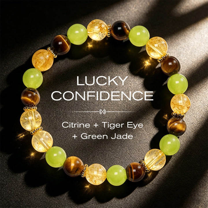 Buddha Stones Bracelet de prospérité en jade vert œil de tigre et citrine naturelle - Citrine œil de tigre jade vert (tour de poignet 14-16 cm) - image 0