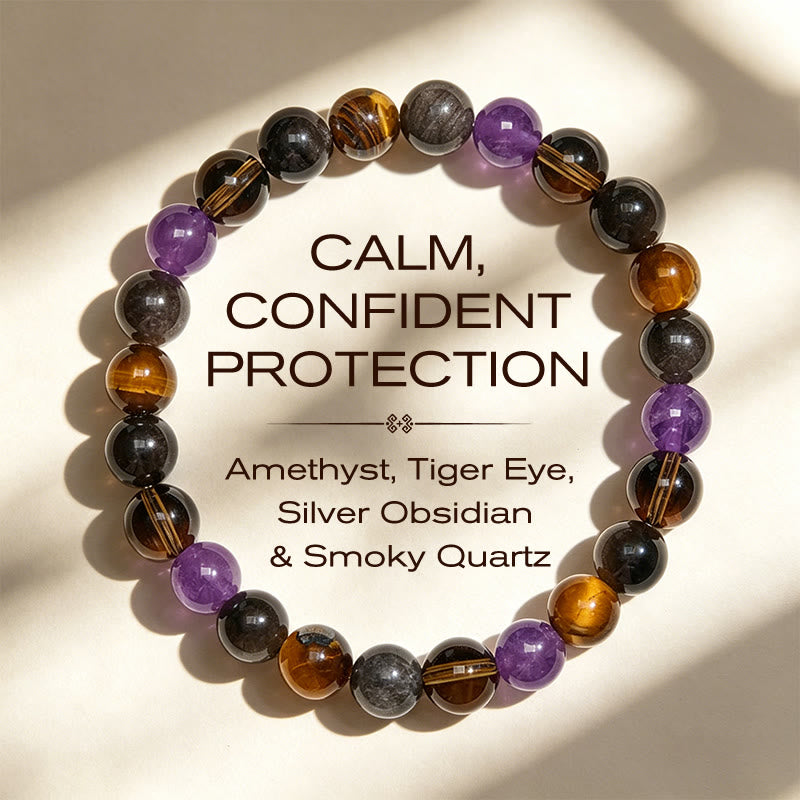 Buddha Stones Bracelet de guérison en améthyste naturelle, œil de tigre, obsidienne noire et quartz fumé - 14-16 cm - image 0