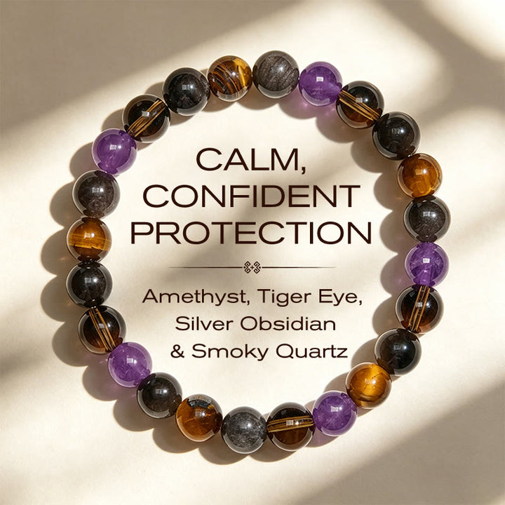 Buddha Stones Bracelet de guérison en améthyste naturelle, œil de tigre, obsidienne noire et quartz fumé - 14-16 cm - image 0