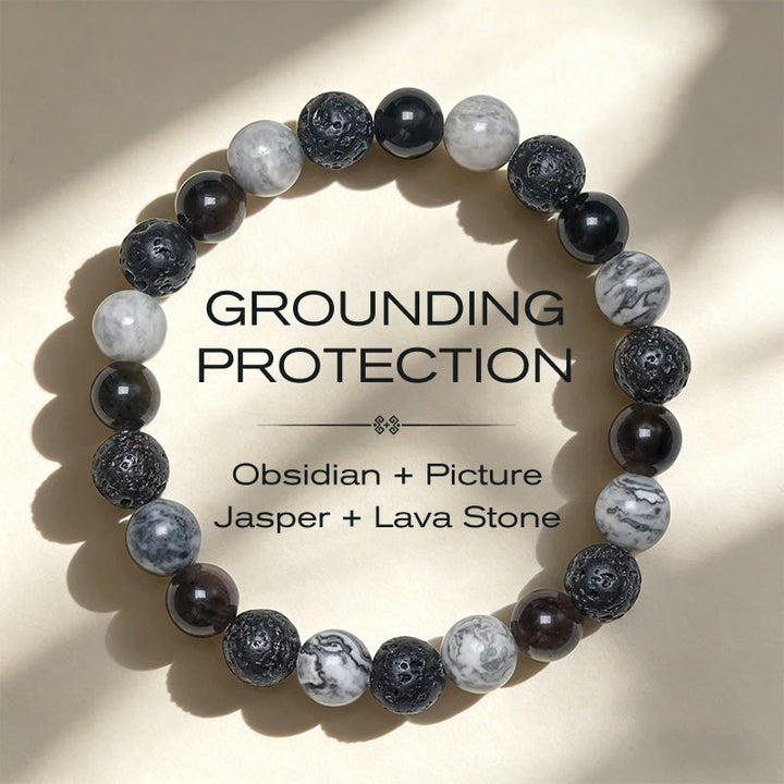 Buddha Stones Bracelet de soutien en perles de jaspe Picasso, roche de lave en obsidienne noire et jaspe Picasso - Pierre de lave en jaspe Picasso d'obsidienne noire (tour de poignet 14-16 cm) - image 0