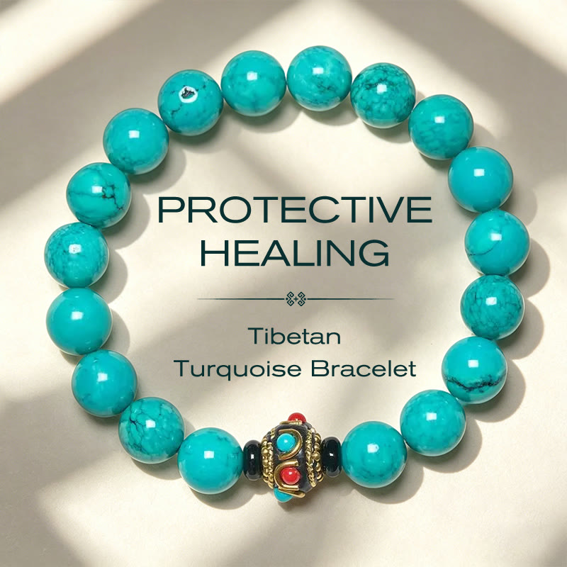 Buddha Stones Bracelet de protection en turquoise tibétaine - Perle d'espacement turquoise (Tour de poignet : 16-17 cm) - image 0
