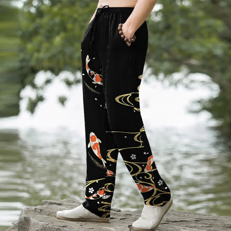 Buddha Stones Pantalon fuselé pour homme en coton à motif ondulé de carpes koï, avec poches - image 1