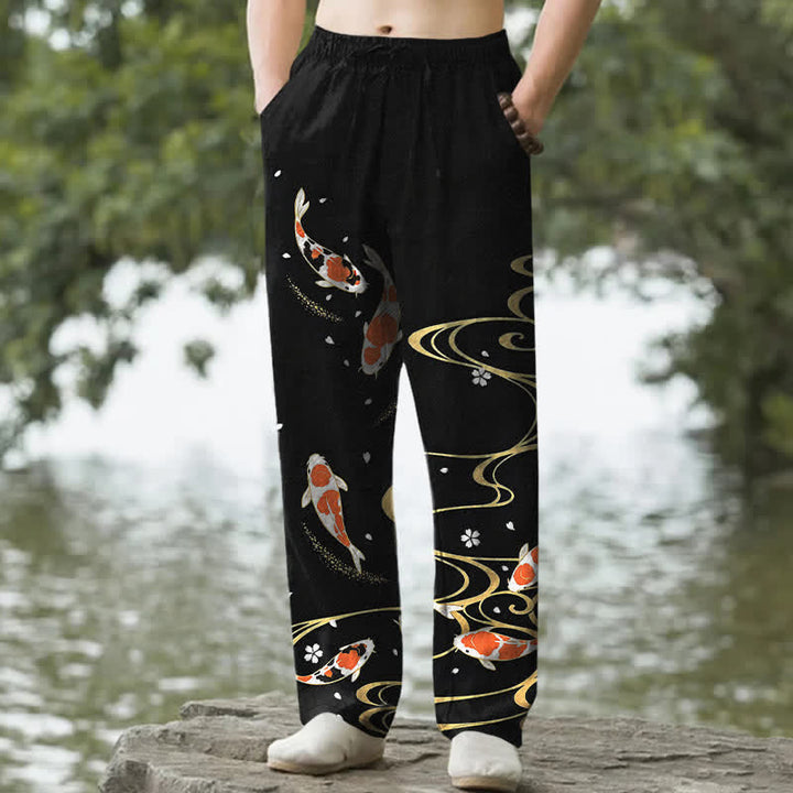 Buddha Stones Pantalon fuselé pour homme en coton à motif ondulé de carpes koï, avec poches - Noir - US/UK/AU50，EU60 (5XL) - image 0