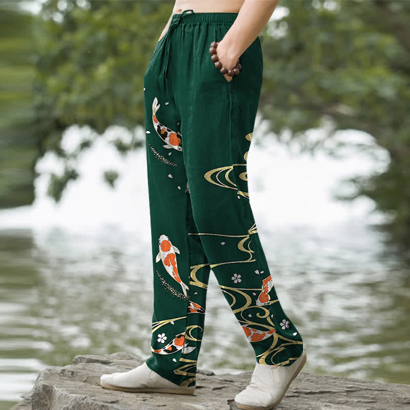 Buddha Stones Pantalon fuselé pour homme en coton à motif ondulé de carpes koï, avec poches - image 5