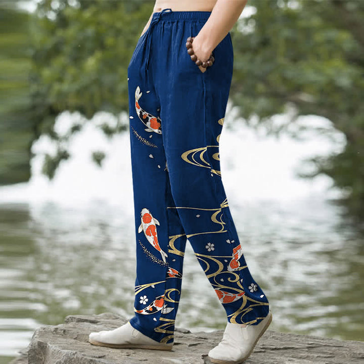Buddha Stones Pantalon fuselé pour homme en coton à motif ondulé de carpes koï, avec poches - image 9