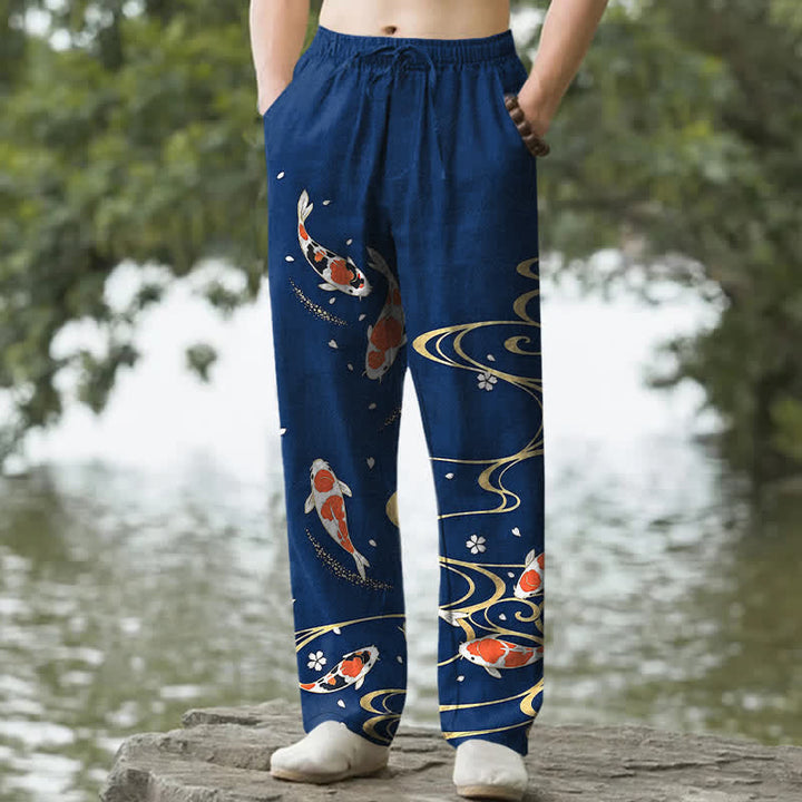 Buddha Stones Pantalon fuselé pour homme en coton à motif ondulé de carpes koï, avec poches - Marine - US/UK/AU50，EU60 (5XL) - image 8