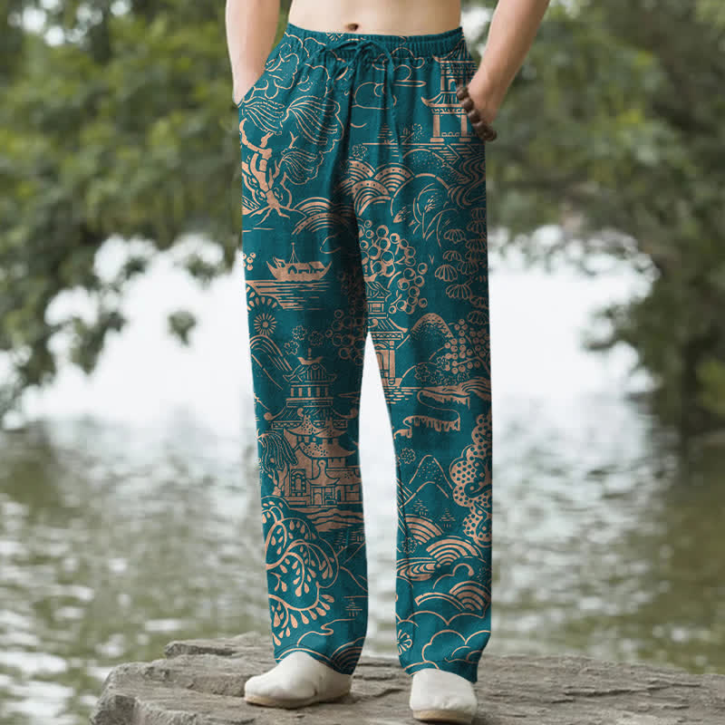 Buddha Stones Pantalon fuselé pour homme en coton à motif paysage oriental et poches - Sarcelle - US/UK/AU50，EU60 (5XL) - image 0