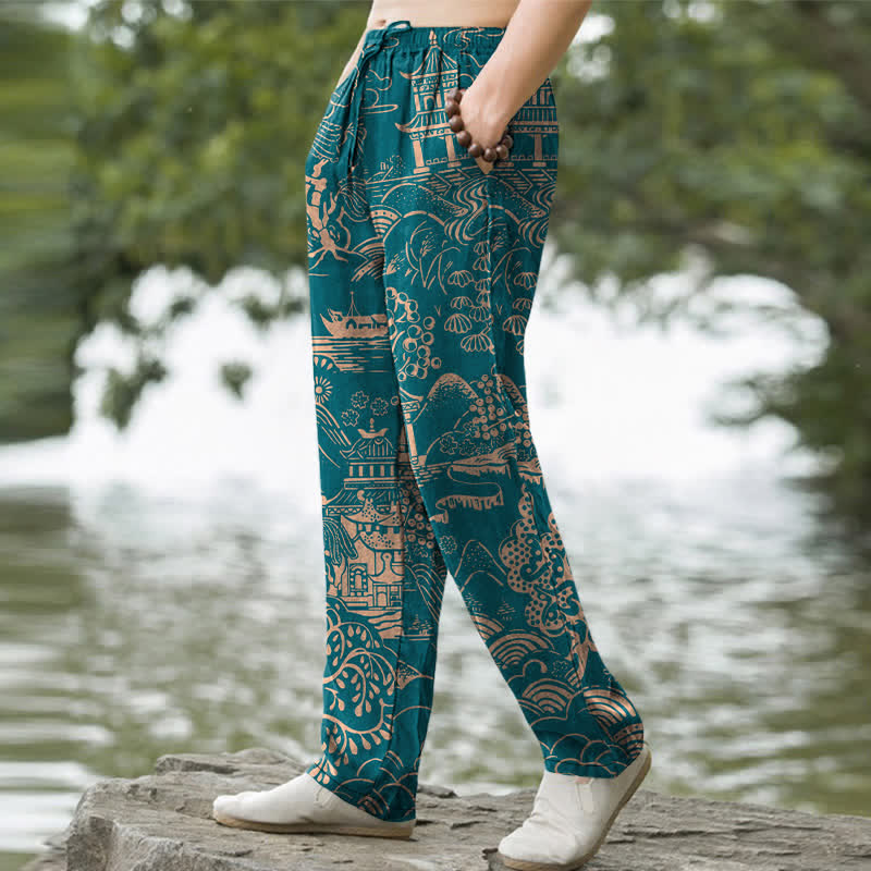 Buddha Stones Pantalon fuselé pour homme en coton à motif paysage oriental et poches - image 1