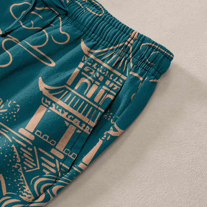 Buddha Stones Pantalon fuselé pour homme en coton à motif paysage oriental et poches - image 3