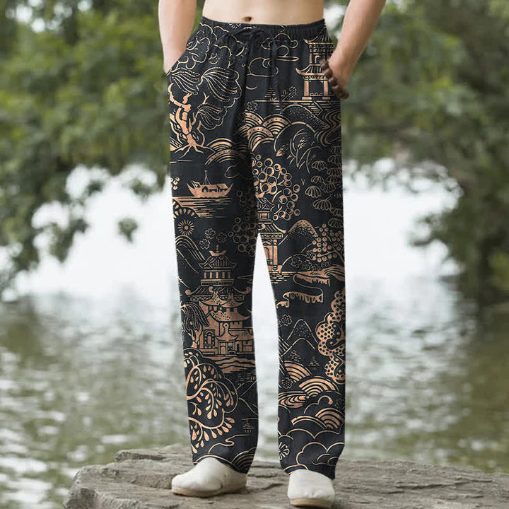 Buddha Stones Pantalon fuselé pour homme en coton à motif paysage oriental et poches - Noir - US/UK/AU50，EU60 (5XL) - image 4