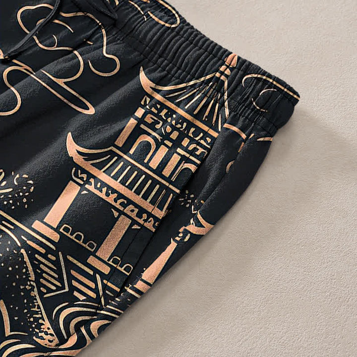 Buddha Stones Pantalon fuselé pour homme en coton à motif paysage oriental et poches - image 7
