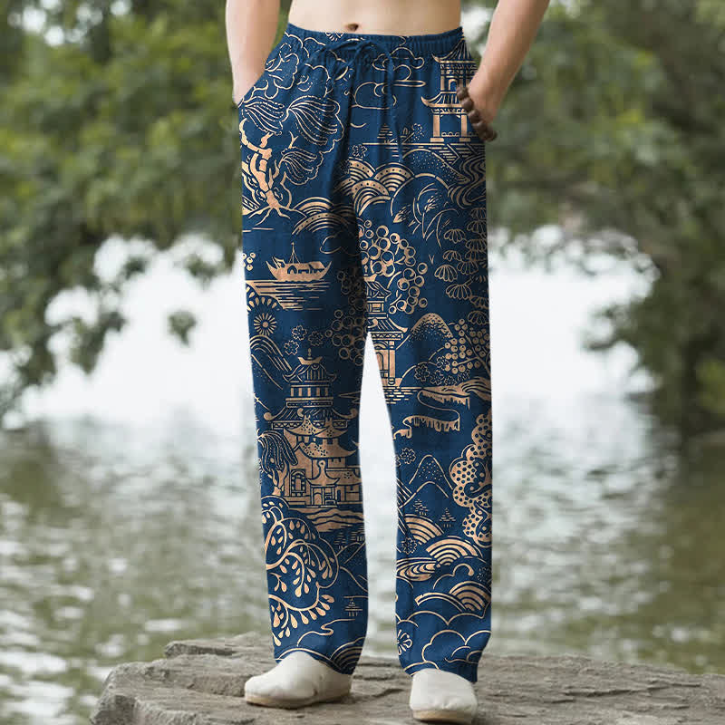 Buddha Stones Pantalon fuselé pour homme en coton à motif paysage oriental et poches - Marine - US/UK/AU50，EU60 (5XL) - image 8