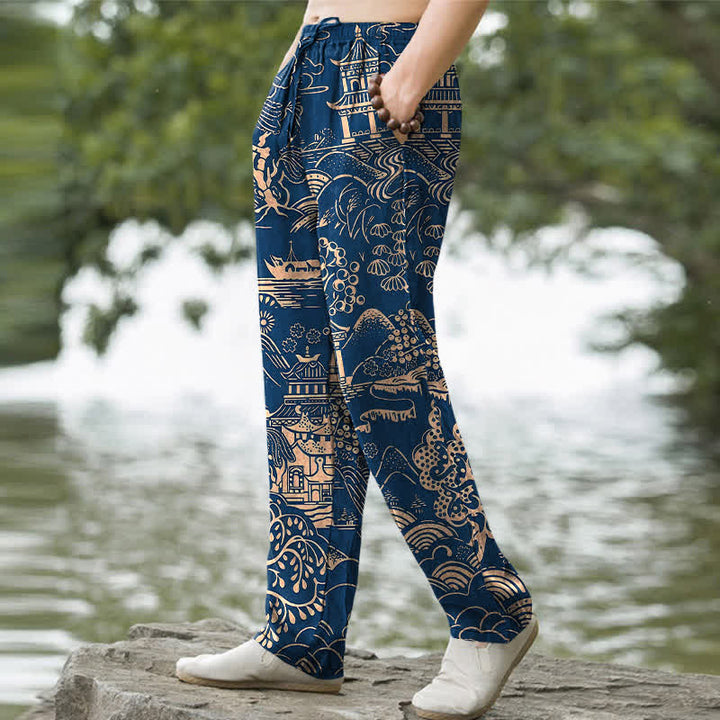Buddha Stones Pantalon fuselé pour homme en coton à motif paysage oriental et poches - image 9