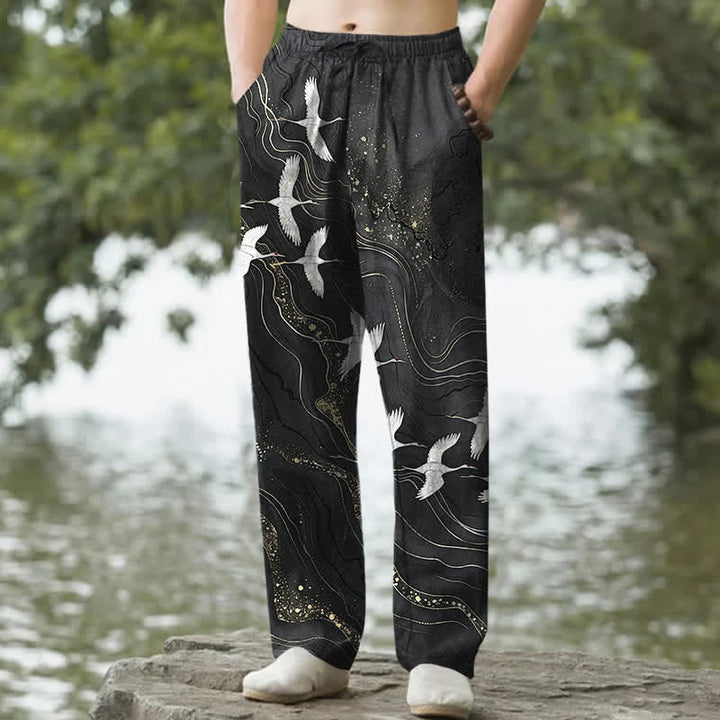 Buddha Stones Pantalon fuselé pour homme en coton blanc à motif de vagues et grues, avec poches - Noir - US/UK/AU50，EU60 (5XL) - image 0