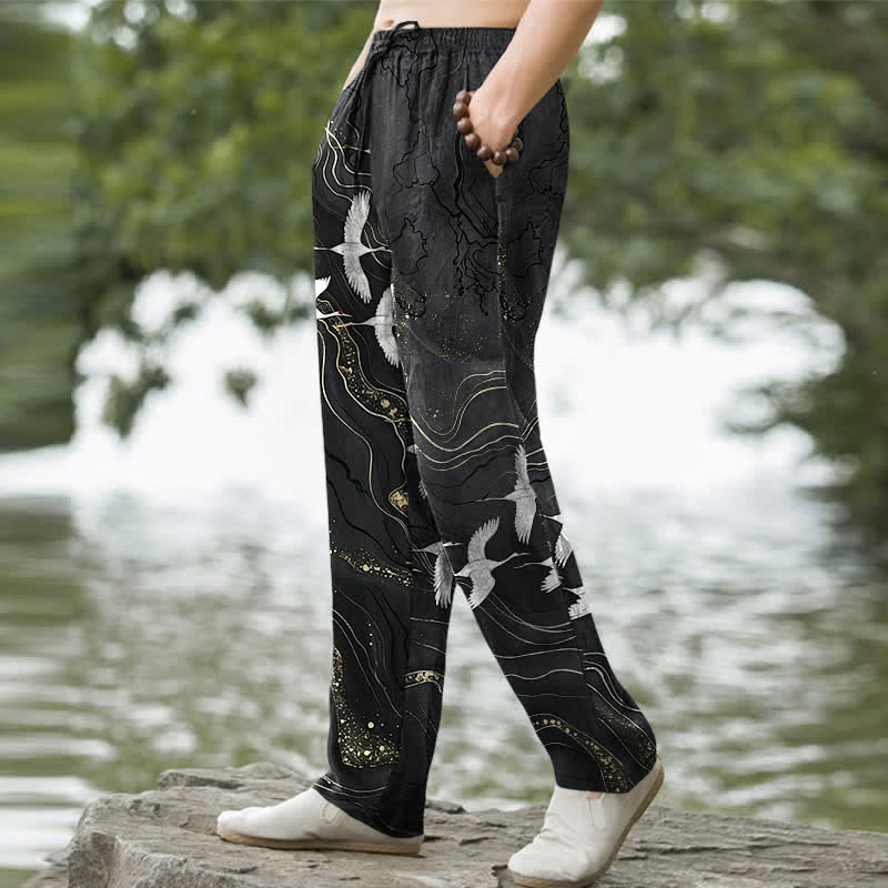 Buddha Stones Pantalon fuselé pour homme en coton blanc à motif de vagues et grues, avec poches - image 1