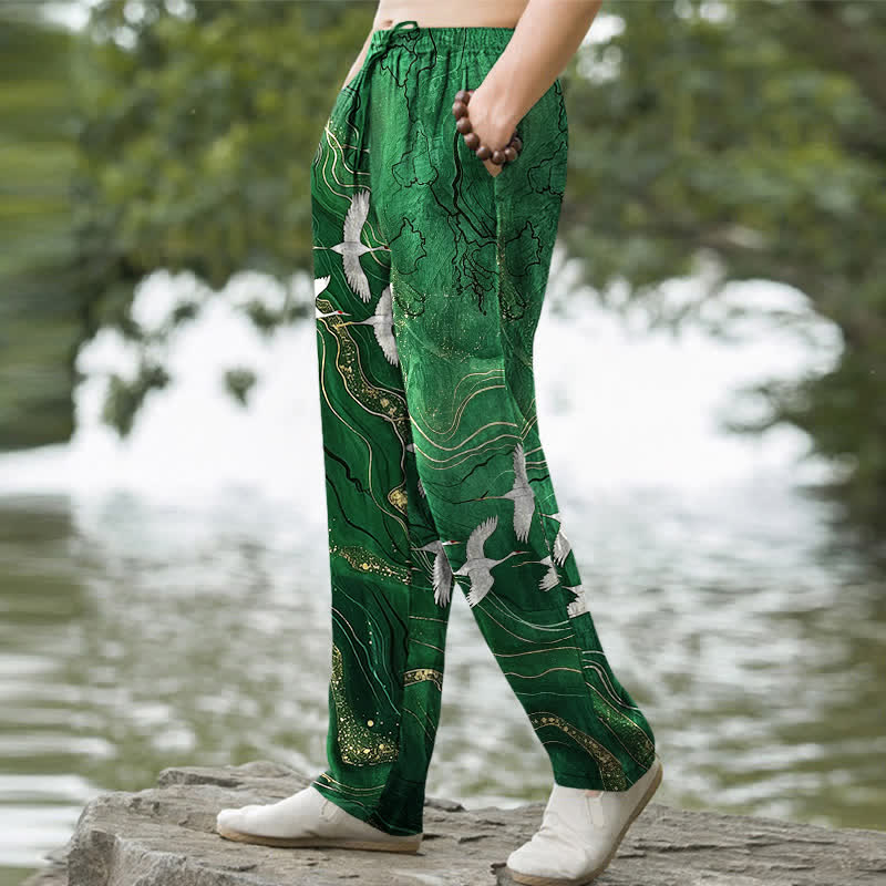 Buddha Stones Pantalon fuselé pour homme en coton blanc à motif de vagues et grues, avec poches - image 5