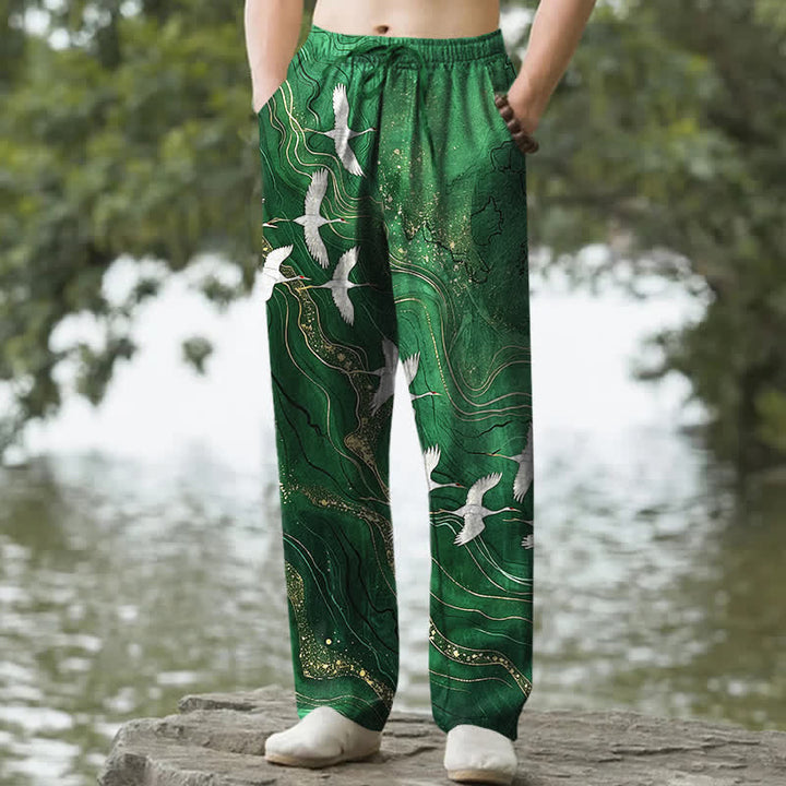 Buddha Stones Pantalon fuselé pour homme en coton blanc à motif de vagues et grues, avec poches - Vert forêt - US/UK/AU50，EU60 (5XL) - image 4