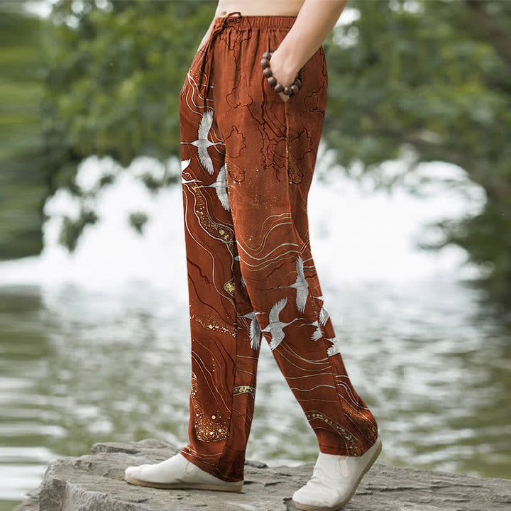 Buddha Stones Pantalon fuselé pour homme en coton blanc à motif de vagues et grues, avec poches - image 9